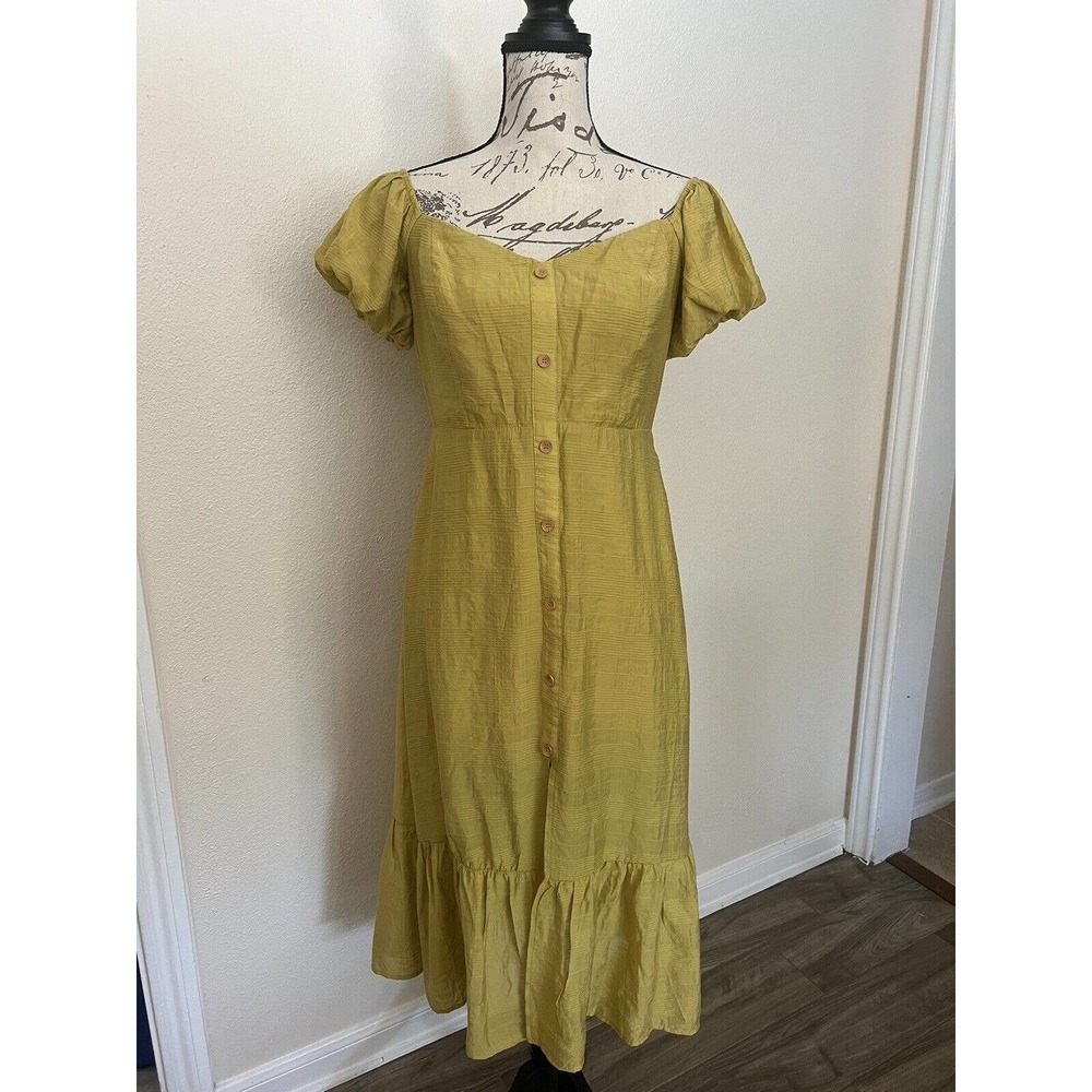Privy Mustard Puff Sleeve Dress Long Ruffle Hem Medium Boho Summer